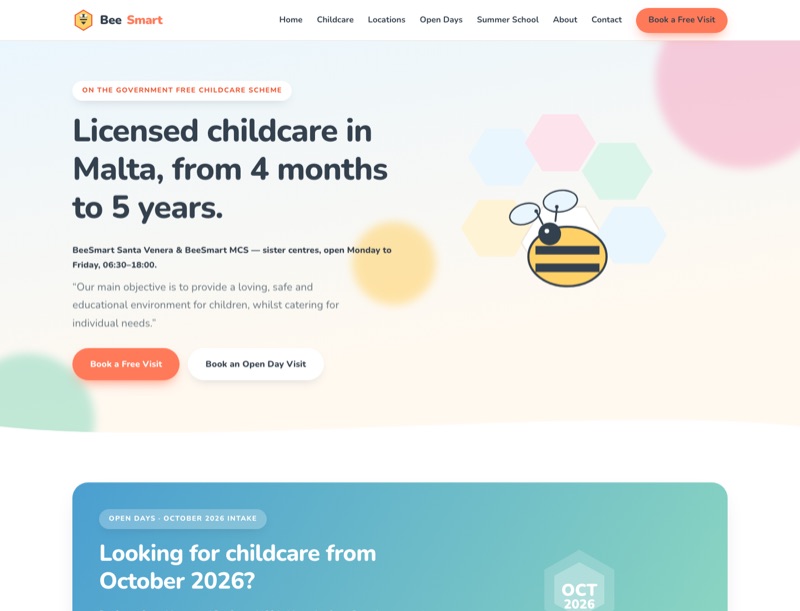 Screenshot of BeeSmart design 1 (beta1): a warm pastel, playful homepage with a friendly cartoon bee and rounded coral buttons.