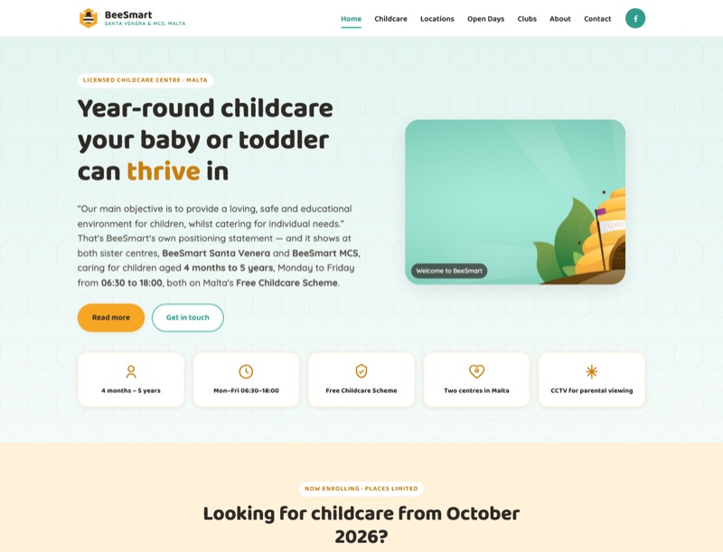 Screenshot of BeeSmart design 2 (beta2): a simple, photo-led homepage on a soft mint background with a friendly rounded headline.