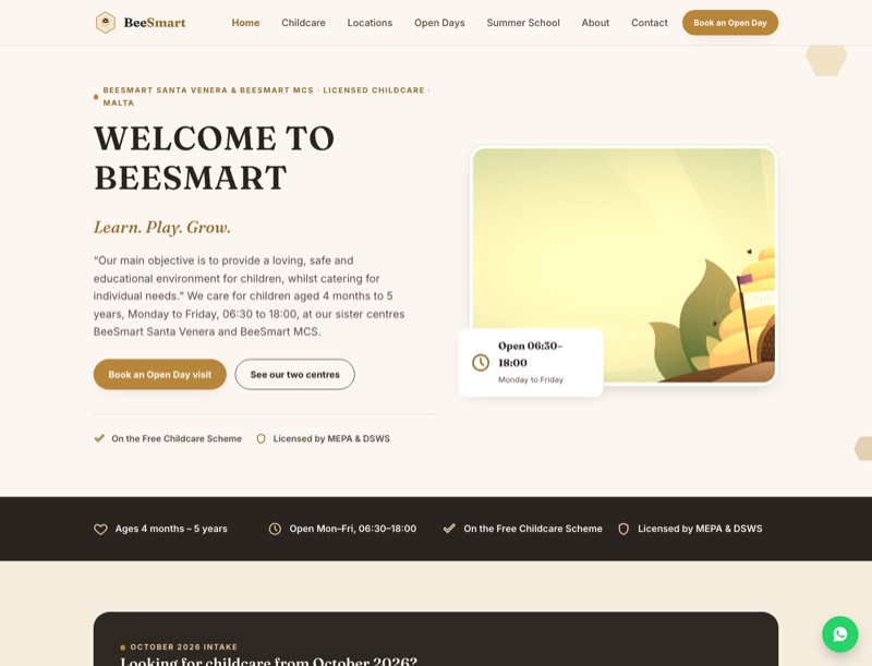 Screenshot of BeeSmart design 3 (beta3): a restrained cream and gold homepage with an elegant serif 'Welcome to BeeSmart' heading.
