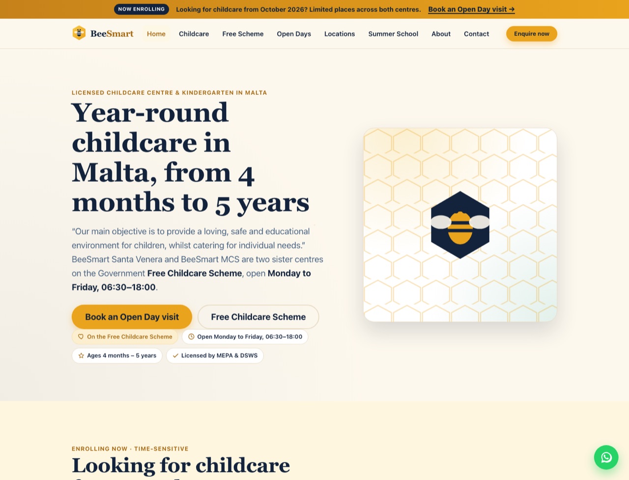Screenshot of the recommended BeeSmart website design (beta4): a cream homepage with the heading 'Year-round childcare in Malta, from 4 months to 5 years', honey-gold buttons, a deep-navy hexagon bee logo and an October 2026 enrolment banner.